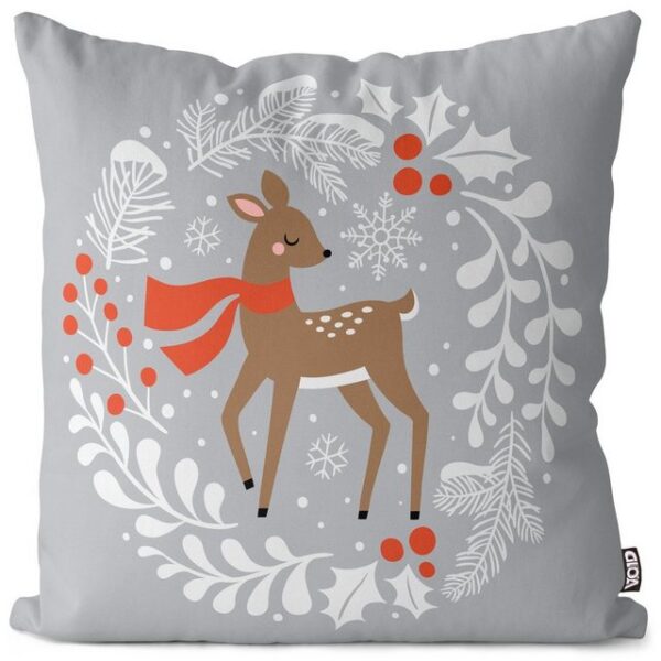 Kissenbezug, VOID (1 Stück), Sofa-Kissen Weihnachten Reh Tier Winter Schnee Beeren Adventskranz Advent Kranz Schneeflocke Bambi Wald Geschenke Herbst Dekorativ Deko