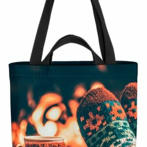 VOID Henkeltasche (1-tlg), Winter Kamin Tee Feuer Winter Kamin Tee Feuer Advent Weihnachten Herb