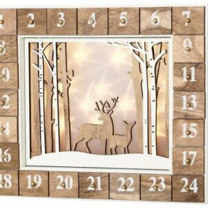 BRUBAKER befüllbarer Adventskalender Wiederverwendbarer Weihnachtskalender zum Befüllen, Weiße Winterlandschaft mit LED Beleuchtung - 35,5 x 6 x 27 cm