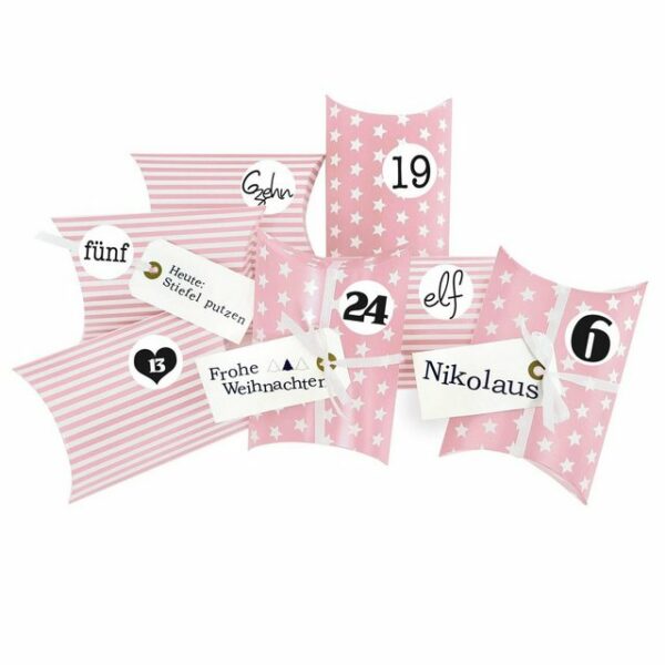 Frau WUNDERVoll Kalender zum Selbstbasteln Adventskalender Christkind,Kissenschachteln rosa Sterne und Streifen