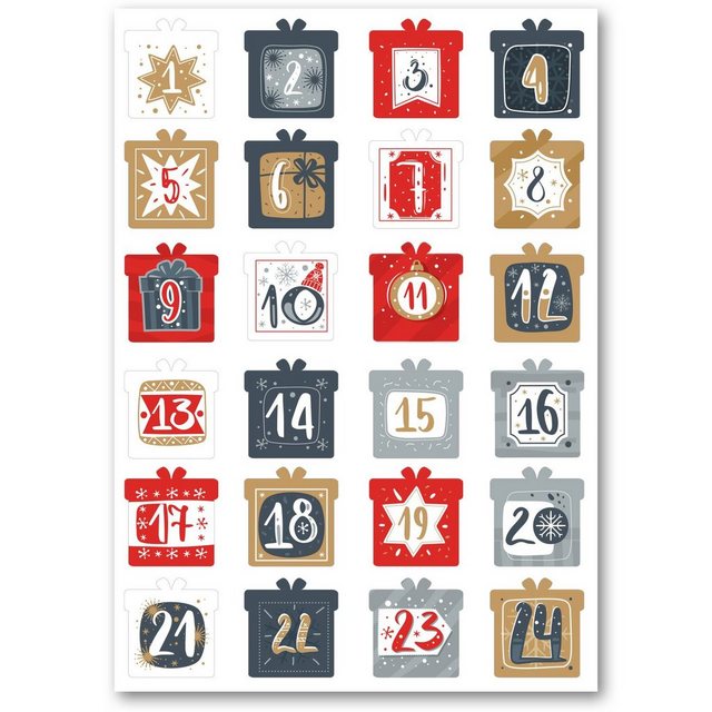 GRAVURZEILE Adventskalender Adventskalender Zahlenaufkleber zum basteln (mit 24 bunten Zahlen für Weihnachten), zum Selbstgestalten