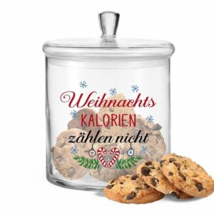 GRAVURZEILE Keksdose Leonardo Keksglas - Weihnachts Kalorien zählen nicht, Glas, als Geschenk für Freunde & Familie zu Weihnachten