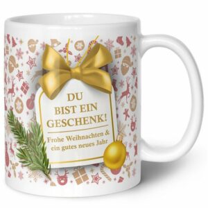 GRAVURZEILE Tasse mit Weihnachtsmotiv - Geschenke für Frauen & Männer zu Weihnachten, Spülmaschinenfest - Du bist ein Geschenk - Weiß