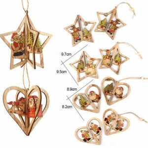 Homewit Christbaumschmuck 3D Weihnachtsbaumschmuck Holz Weihnachtsbaum Deko Mit Hanfseil (6-tlg), für DIY Basteln Geschenk Weihnachtsdeko