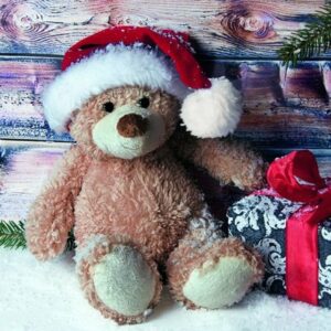 Linoows Papierserviette 20 Servietten Weihnachten, Teddy mit Geschenk & Tannengrün, Motiv Weihnachten, Teddy mit Geschenk & Tannengrün