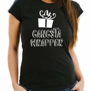 MoonWorks Print-Shirt Damen T-Shirt Weihnachtsshirt Gangsta Wrapper Tasse Weihnachten lustig Geschenk Einpacker Slim Fit Moonworks® mit Print
