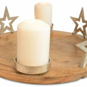 RIFFELMACHER & WEINBERGER Adventskranz Adventskerzenhalter "Runder Teller mit Sternen" 70338 - Natur Silber 38x13cm - Mangoholz