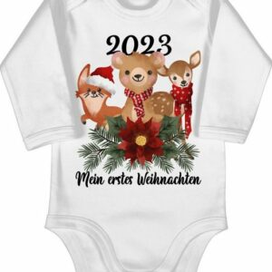 Shirtracer Shirtbody 2023 Mein erstes Weihnachten mit süßen Tieren - schwarz Weihnachten Kleidung Baby