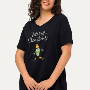 Ulla Popken Rundhalsshirt Weihnachts-Shirt Pinguin A-Linie V-Ausschnitt