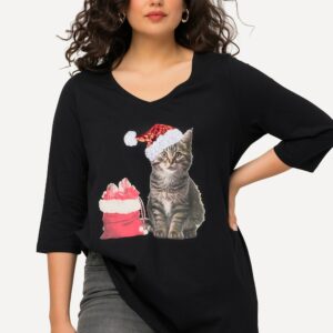 Weihnachts-Shirt, Pailletten, V-Ausschnitt, 3/4-Arm