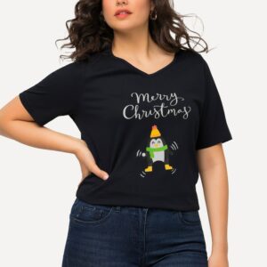 Weihnachts-Shirt, Pinguin, A-Linie, V-Ausschnitt, Halbarm