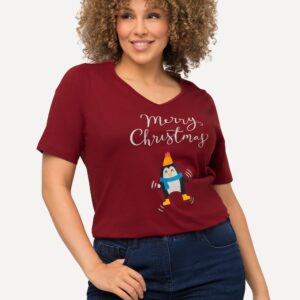 Weihnachts-Shirt, Pinguin, A-Linie, V-Ausschnitt, Halbarm