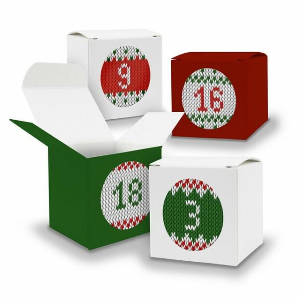 itenga befüllbarer Adventskalender Adventskalender 24x Würfel 5cm DUNKELGRÜN WEIß DUNKELROT + Sticker V15