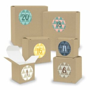 itenga befüllbarer Adventskalender Adventskalender zum Füllen 24x Quader Würfel gemischt BRAUN + Sticker