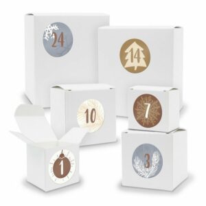 itenga befüllbarer Adventskalender Adventskalender zum Füllen 24x Quader Würfel gemischt WEISS + Sticker