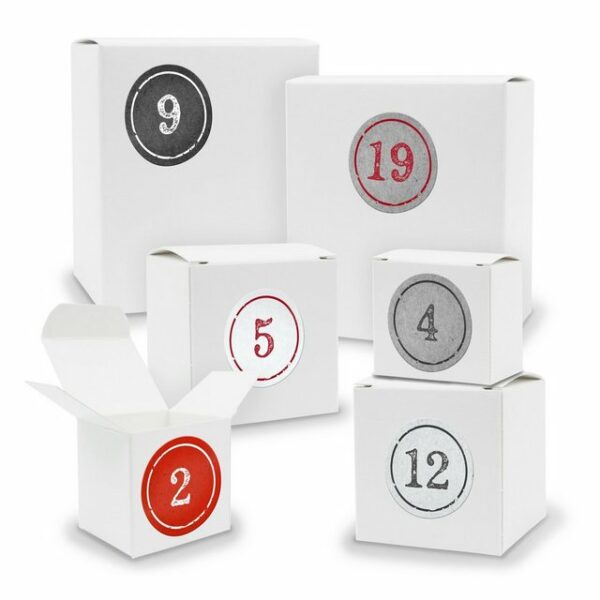 itenga befüllbarer Adventskalender Adventskalender zum Füllen 24x Quader Würfel gemischt WEISS + Sticker