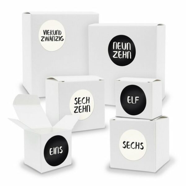 itenga befüllbarer Adventskalender Adventskalender zum Füllen 24x Quader Würfel gemischt WEISS + Sticker