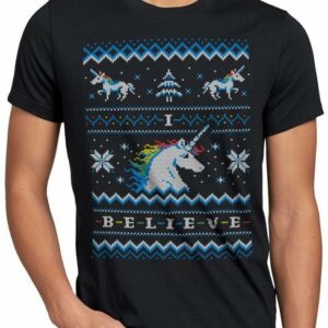 style3 Print-Shirt Herren T-Shirt Believe Einhorn Ugly Sweater fantasie rainbow x-mas pulli weihnachten