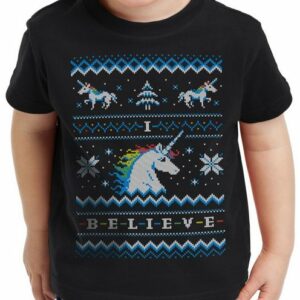 style3 Print-Shirt Kinder T-Shirt Believe Einhorn Ugly Sweater fantasie rainbow x-mas pulli weihnachten