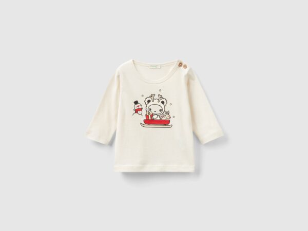 Benetton, Shirt Mit Weihnachtlichem Aufdruck, größe 50, Cremeweiss, unisex