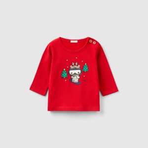 Benetton, Shirt Mit Weihnachtlichem Aufdruck, größe 56, Rot, unisex