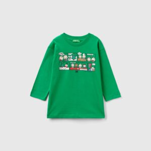 Benetton, Warmes T-shirt Mit Weihnachtlichem Aufdruck, größe 116, Grün, male