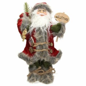 ECD Germany Weihnachtsfigur Weihnachtsmann Deko-Figur Santa-Claus Figur Winterdeko Weihnachten, 37 cm hoch rot/grauer Mantel grüner Hose mit Geschenkesack