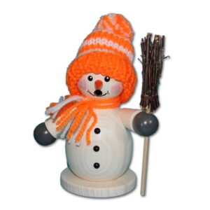 Holzwaren Egermann Räuchermännchen Schneemann mit Besen - 15cm -, mit Orangener Winterkleidung - aus Holz - Made in Germany