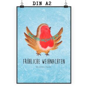 Mr. & Mrs. Panda Poster DIN A2 Rotkehlchen Weihnachten - Eisblau - Geschenk, Raumdekoration, Rotkehlchen Weihnachten (1 St)