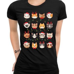 Quattro Formatee Kurzarmshirt Katzen Lichterkette - Weihnachten X-mas Christmas Damen T-Shirt (1-tlg)