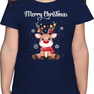 Shirtracer T-Shirt Merry Christmas - süßes Rentier mit Lichterkette Weihnachten Kleidung Kinder