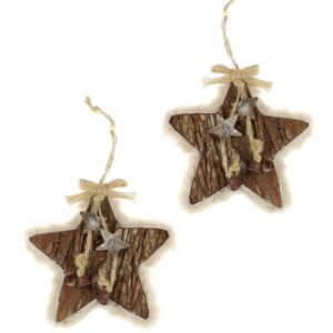 Macosa Home Dekohänger Stern Holz mit Fell Christbaumschmuck Fenster Türkranz braun 2er Set (2 St), Dekostern Holz-Dekoration Weihnachten Fenster Tisch-Deko