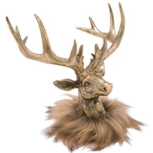 Macosa Home Weihnachtsfigur Hirschkopf mit Fell Hirsch Hirschdekoration Weihnachten Winter, Großer deko Hirschkopf mit Fell Gold braun Weihnachtsdeko