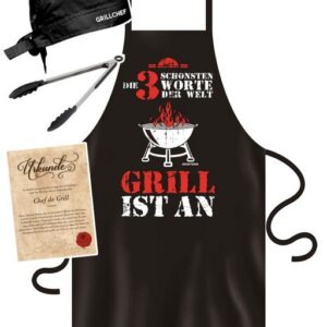 Soreso® Grillschürze Grill-Schürze für Männer - Küchenschürze zum Kochen Grillset Grill ist an, (Geschenkset, Grillset bestehend aus Grillschürze, Urkunde, Grillzange, Grillmütze), Geschenke, Weihnachten, Geburtstagsgeschenk, Vatertagsgeschenk, Papa, Mann, Kochschürze, Speiseschürze, Umhängeschürze