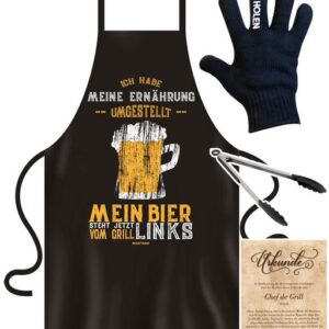 Soreso® Grillschürze Grillset Ich habe meine Ernährung umgestellt Grillschürze für Männer, (Spar-Set, Geschenk-Set, 4-teiliges Set, 1x Grillschürze+ 1x Grillhandschuh+ 1x Grillzange+ 1x Urkunde), Geschenk Weihnachten Geburstag Vatertag Papa Mann