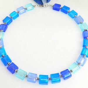 traumschmuck Collier 294c Halskette Lampwork Quadrate Glas Murano Art blau silber (Geschenk, Muttertag, Weihnachten, Geburtstag, Valentinstag, incl. Schmuckbox), handgefertigt, Made in Germany