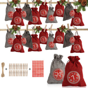 Adventskalender zum Befüllen Weihnachten Säckchen Decor 24 Stoffbeutel(2 Farben) - Rot/Grau - Swanew