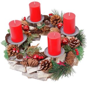 HHG - Adventskranz 492, Weihnachtsdeko Adventsgesteck Weihnachtsgesteck, Holz rund ø 33cm inkl. 4x Kerzen rot - multicolour