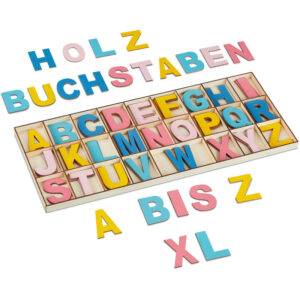 Holzbuchstaben Set, 104-teilig, Großbuchstaben a-z, 5 cm hoch, xl Buchstaben zum Basteln, Deko Alphabet, bunt - Relaxdays