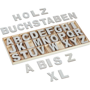 Holzbuchstaben Set, 208-tlg., Großbuchstaben a-z, Deko-Buchstaben zum Basteln & Bemalen, mit Box, grau - Relaxdays