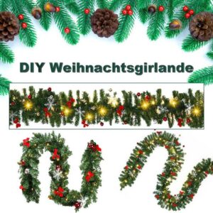 Kunstgirlande Christbaumschmuck, 2x Weihnachtsgirlande 5m,Tannengirlande mit 100 LED warmweiß inkl.Deko. Girlande Weihnachten Innen Außen Treppen Kamine Weihnachten,Festgirlanden, Clanmacy