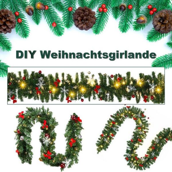 Kunstgirlande Christbaumschmuck, 2x Weihnachtsgirlande 5m,Tannengirlande mit 100 LED warmweiß inkl.Deko. Girlande Weihnachten Innen Außen Treppen Kamine Weihnachten,Festgirlanden, Clanmacy