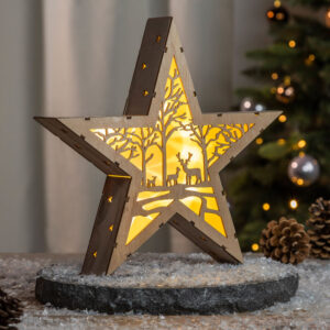 LED Weihnachts Stern aus Holz 30 cm - Motiv: Wald - Deko Aufsteller warm weiß beleuchtet - Weihnachten Advent Winter Stern Tisch Deko Beleuchtung