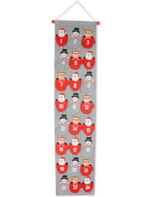 RIFFELMACHER & WEINBERGER Wandkalender Weihnachtskalender zum Befüllen aus Filz 135x30cm - Grau Rot, Nikolaus Schneemann Elch Advent