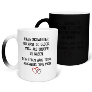 22Feels Tasse Schwester Geschenk von Bruder Geburtstag Weihnachten Mädchen Frauen, Keramik, FARBWECHSEL Zaubertasse, Made in Germany