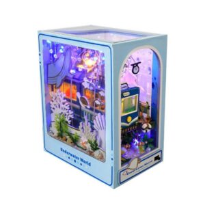 OKWISH 3D-Puzzle Buchstütze Miniatur Holz Bücherregal Holzbausatz Puppenhaus Dekoration, Puzzleteile, 3D Haus Bücherecke Geschenk Geburtstag Weihnachten DIY mit LED-Licht