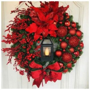 Weihnachtskranz mit Licht, 40 cm, künstlicher Tannenkranz, Haustür, rote Weihnachtskränze und Girlanden mit Beeren, Adventskranz, Türdekoration,