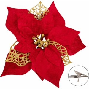 Hiasdfls - 15 stücke künstliche poinsettia dekoration von weihnachten blumen ornamente weihnachten baumclip von gold glitter gold streifenclip